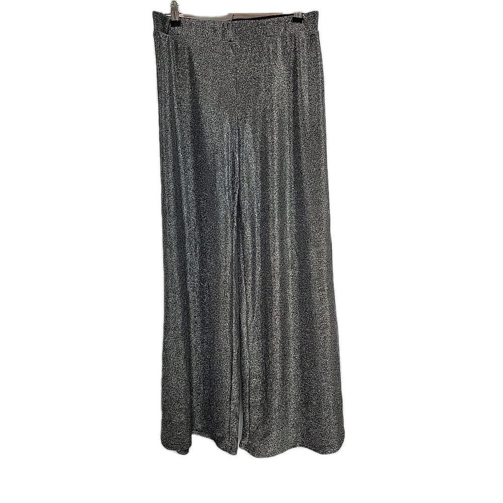 Final Touch Women’s Wide‎ Leg Pants L Silver Black Sparkle Elastic Waist NWOT